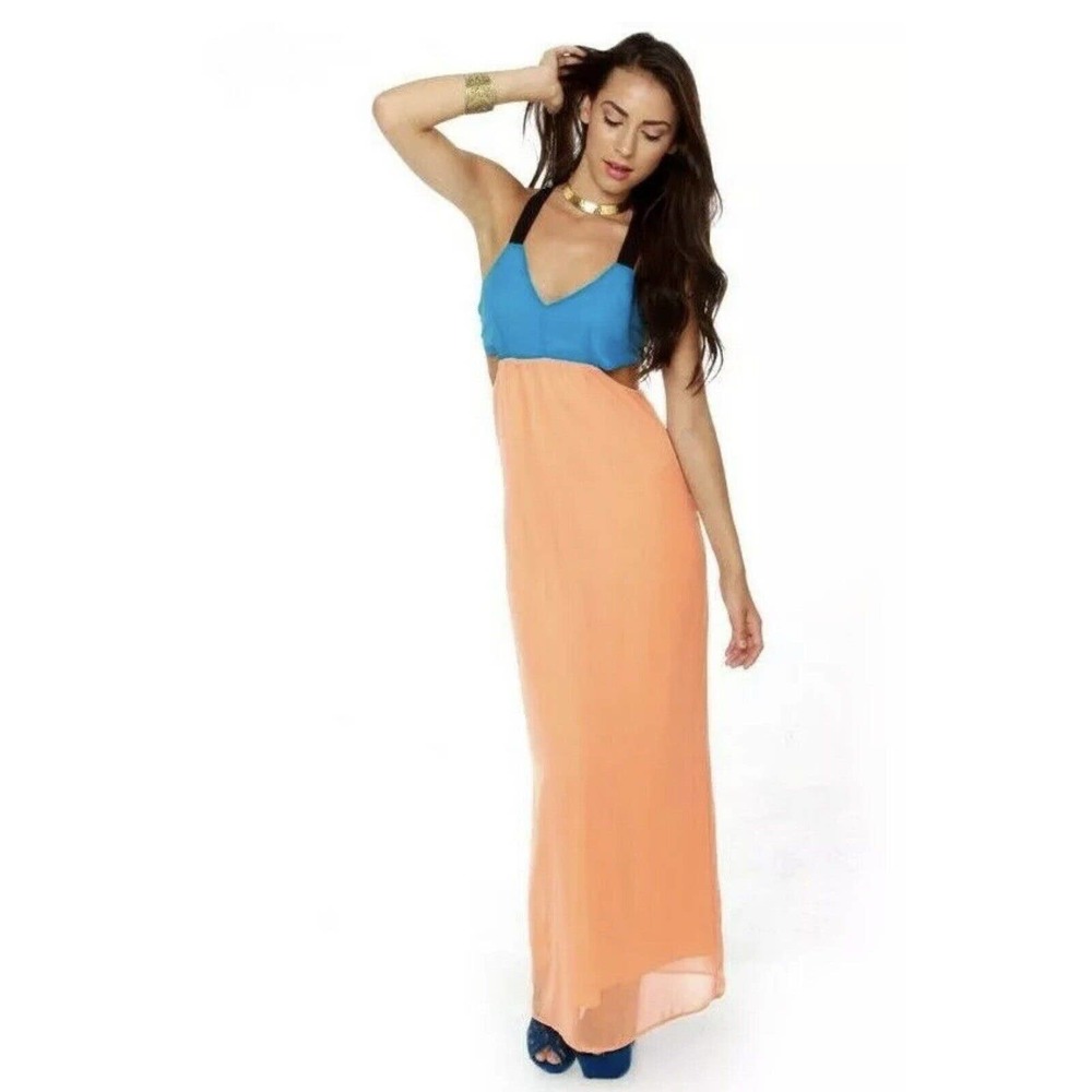 HONEY PUNCH Maxi Dress Cut Out Color Block Summer Beach Boho LULUS Chiffon M